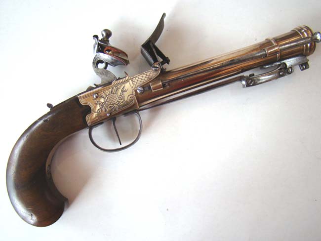 A Unique Large Pair of Unmarked, probably British, Engraved Brass Flintlock Blunderbuss Pistols with snap bayonets. Circa 1780-1800. — image 3